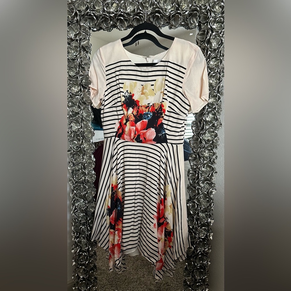 Anthropologie Corey Lynn Calter Cream and Black Striped Flower Dress - Picture 3 of 5